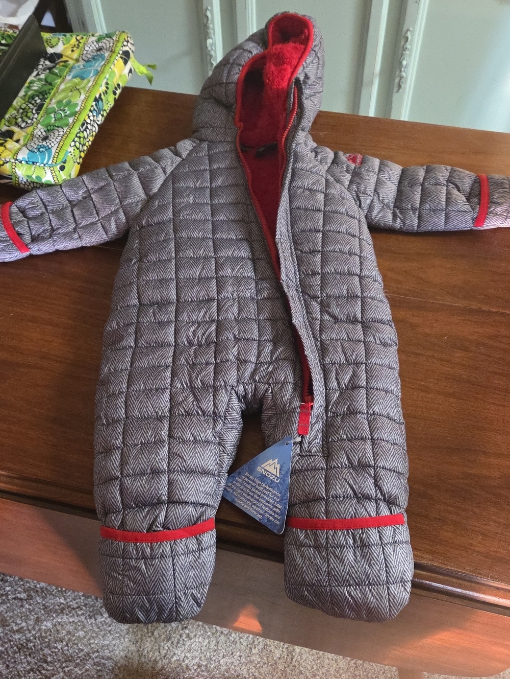 Snozu Gray Herringbone Puffer Snowsuit with Red Trim